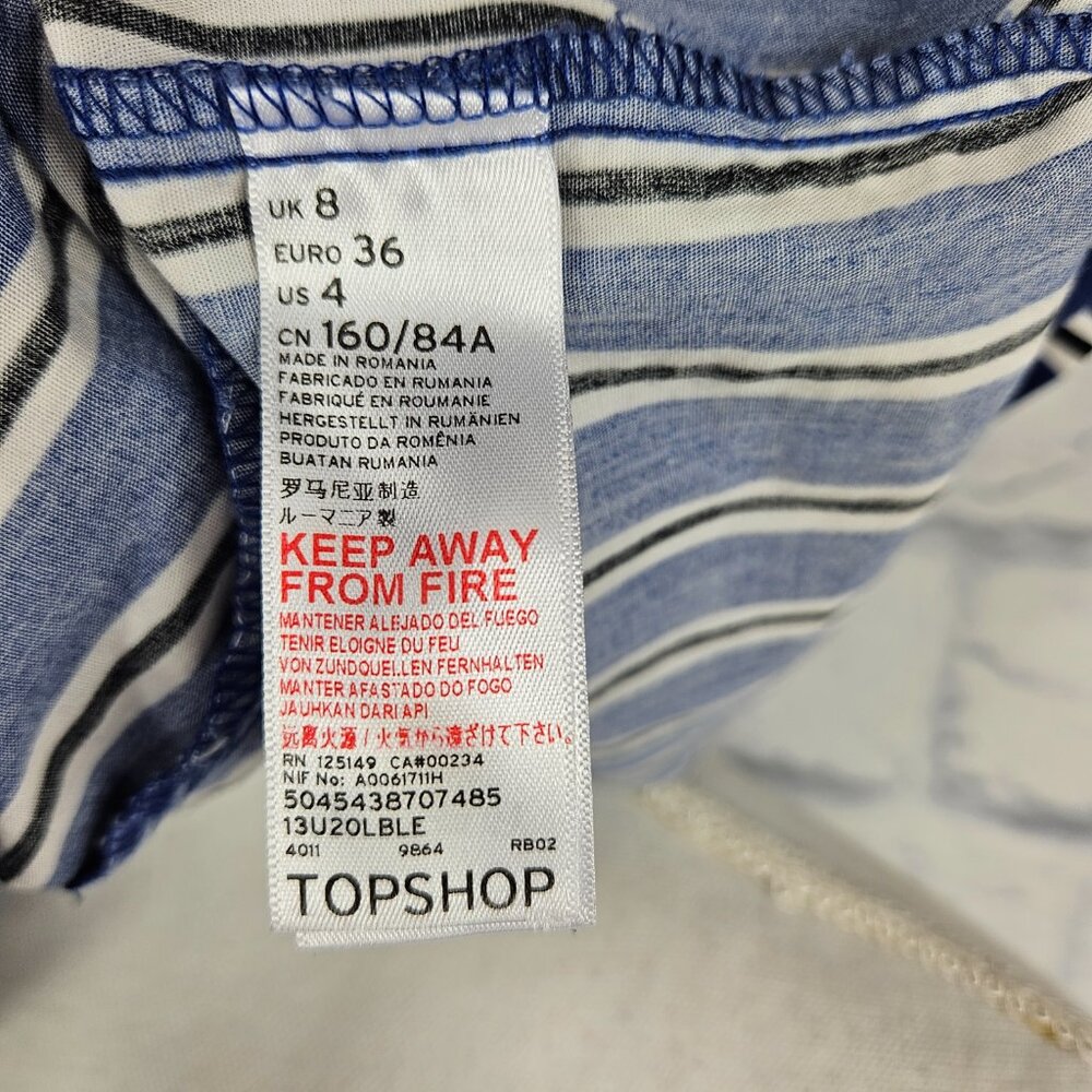 Topshop Sz 4 US Blue Black Striped One Shoulder Tie Sleeve Top Blouse FLAW READ - Picture 11 of 13